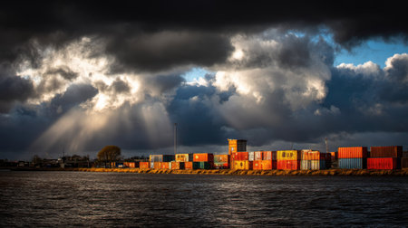 A landscape view featuring vibrant shipping containers at a port, illuminated by dramatic sunlight breaking through moody clouds, reflecting on the water.の素材