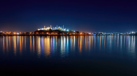 Captivating night view of a city skyline beautifully reflected in calm waters. The vibrant lights create a serene atmosphere, perfect for urban exploration.の素材