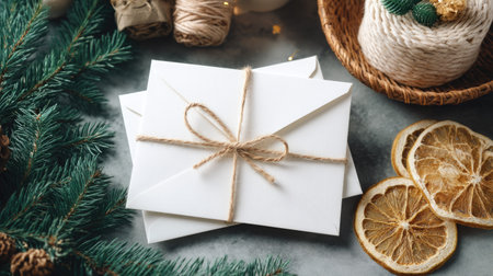 This festive flat lay captures a cozy holiday scene with white envelopes tied with twine alongside dried citrus slices and pine elements, evoking warmth.の素材