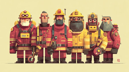 A vibrant cartoon illustration showcasing a diverse team of firefighters in colorful uniforms and gear, emphasizing teamwork, bravery, and dedication in emergency services.の素材