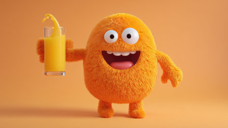 A cheerful orange character holds a glass of fresh juice, radiating happiness and playfulness. This vibrant image evokes fun and joy, perfect for food and drink themes.の素材