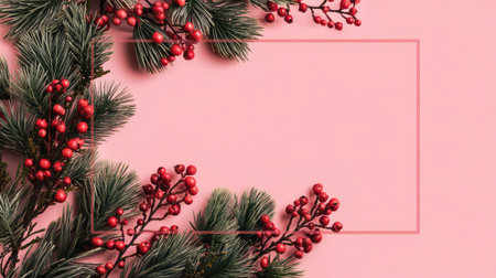 This vibrant arrangement of pine branches and red berries on a soft pink background encapsulates festive cheer and seasonal beauty, perfect for holiday-themed designs.の素材