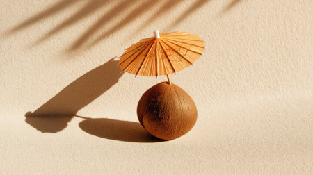 A charming brown coconut with a tiny umbrella rests on a smooth beige surface, casting a delicate shadow. This whimsical setup evokes summer and tropical vibes.の素材