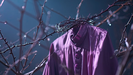 This captivating image features a pink shirt hanging among thorny branches, creating an eerie and mysterious atmosphere. The play of light and shadow enhances the surreal quality, making it visually striking.の素材