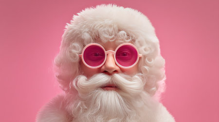 A playful festive character sporting pink sunglasses against a vibrant pink background. The whimsical look and joyful expression create a unique holiday atmosphere perfect for seasonal celebrations.の素材