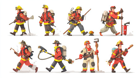 A vibrant cartoon-style illustration featuring firefighters in various action poses, showcasing teamwork and readiness for rescue missions in fire emergencies.の素材