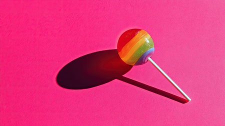 A vibrant rainbow lollipop rests on a bright pink background, casting a playful shadow. This colorful treat evokes joy and fun, perfect for any sweet occasion.の素材