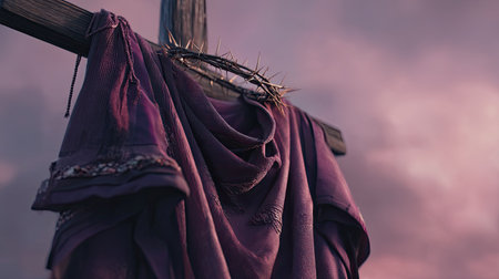 A striking image of a purple robe draped over a wooden cross, adorned with a crown of thorns. The sunset creates a serene backdrop, emphasizing themes of spirituality and reflection.の素材