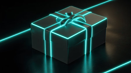 This image features a sleek, futuristic gift box with a glowing neon blue ribbon on a dark surface. Perfect for technology, holidays, and minimalist design themes.の素材