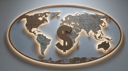 An artistic representation of a world map made with currency textures, featuring a prominent dollar symbol. Ideal for finance or global economy themes.の素材
