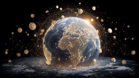 Stunning visual of a glowing Earth map with golden coins representing digital currency. Symbolizes global finance, investment, and connection.の素材