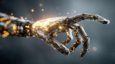 A stunning close-up of a futuristic robotic hand, featuring intricate designs and glowing elements. The image captures the essence of advanced technology in a dynamic visual experience.の素材