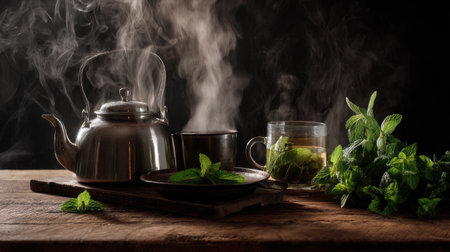 A captivating still life featuring a steaming cup of mint tea alongside fresh mint leaves and a kettle, evoking warmth and comfort in a rustic setting.の素材