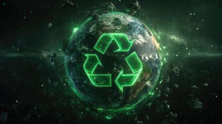 A striking visual of a green recycling symbol superimposed on Earth, set against a cosmic background. This image conveys themes of sustainability, environmental protection, and global awareness.の素材