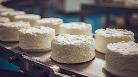 A close-up view of fresh cheese rounds on a conveyor belt in a modern dairy factory. This image captures the essence of cheese production in a hygienic environment.の素材