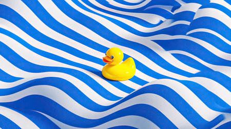 A vibrant yellow rubber duck rests on a playful blue and white striped surface, evoking joy and nostalgia. Perfect for children's themes, relaxation, or summer fun.の素材