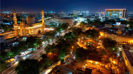A stunning aerial view of a vibrant cityscape at night, showcasing a historic mosque surrounded by urban lights, trees, and bustling streets, capturing the essence of culture and tradition.の素材