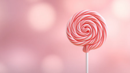 A vibrant swirl lollipop in shades of pink and white sits against a soft, dreamy bokeh background. This delightful treat evokes feelings of nostalgia and fun, perfect for seasonal events.の素材
