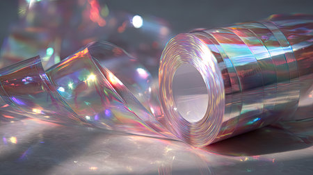 This image showcases a roll of iridescent transparent film, displaying beautiful color reflections. Perfect for creative projects and photography, the shimmering light plays across the surface.の素材