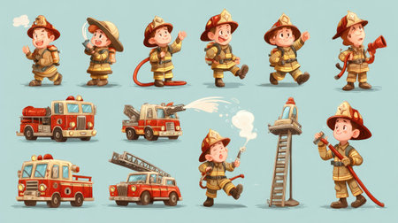 A vibrant collection of playful firefighter characters showcasing various scenes of action and adventure, perfect for children's illustrations and educational material.の素材