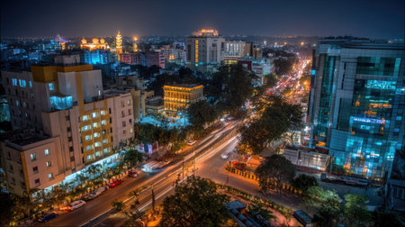 A beautiful aerial view of a vibrant city at night, showcasing illuminated buildings and busy streets filled with traffic, creating a stunning urban landscape.の素材