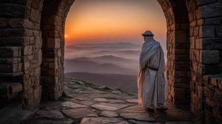 A peaceful figure in white robes stands at a stone arch, gazing at a breathtaking sunrise over misty mountains, symbolizing serenity and contemplation in nature.の素材