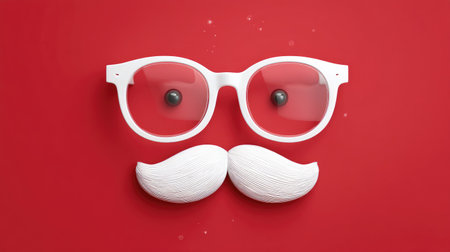 A playful design featuring white glasses and mustache against a vibrant red background, perfect for evoking a fun and festive atmosphere for various celebrations.の素材