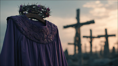 This evocative image features a religious garment displayed prominently against crosses at dusk, showcasing intricate embroidery and a thorny crown, evoking themes of spirituality and tradition.の素材