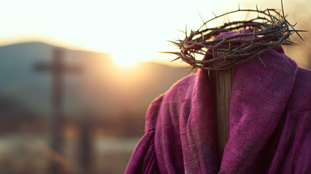 A serene view of a crown of thorns resting on a robe, illuminated by a beautiful sunset. The background features a silhouette of a cross, embodying themes of spirituality and devotion.の素材