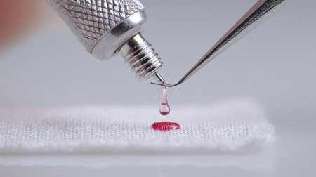 A close-up view showcasing a red liquid drop on fabric, suspended by a precision tool, highlighting the meticulous details of the droplet and surface.の素材