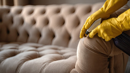 A person wearing yellow gloves gently cleans a beige upholstered sofa, focusing on maintenance and hygiene. The soft texture highlights daily home care.の素材