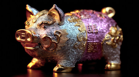 Stunning pig figurine showcasing intricate gold and silver detailing, perfect for home or office decor. Symbolizes prosperity and elegance in any setting.の素材