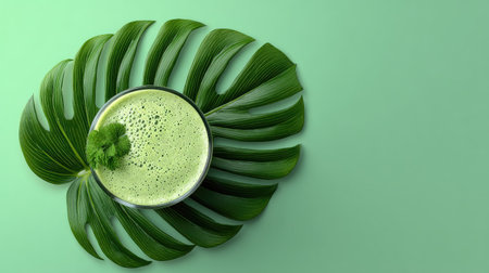A vibrant green smoothie displayed on lush tropical leaves against a soft background. Ideal for promoting health, freshness, and wellness in culinary or lifestyle content.の素材