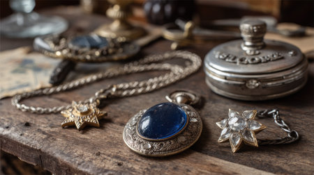 A stunning arrangement of vintage jewelry pieces, featuring ornate pendants, elegant brooches, and an antique clock, set against a rustic wooden backdrop.の素材