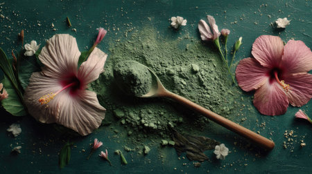 A stunning flat lay composition featuring hibiscus flowers, delicate blossoms, and vibrant green powder, ideal for wellness and natural ingredient themes.の素材