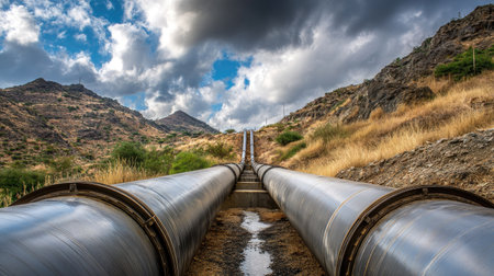 A striking image of industrial pipelines leading through rugged terrain under a dramatic sky, capturing the intersection of nature and engineering. Ideal for illustrating resources and infrastructure themes.の素材