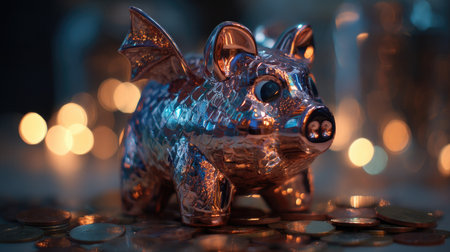 A whimsical decorative piggy bank with wings sits amid coins and warm lights, symbolizing savings and financial dreams in a charming and artistic way.の素材