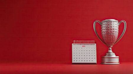 A polished silver trophy stands beside a calendar on a vibrant red background, symbolizing achievement and celebration for awards and special events.の素材