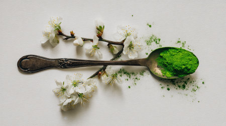 A vintage spoon holds vibrant green powder, surrounded by delicate cherry blossom flowers. This arrangement embodies freshness and natural beauty, perfect for showcasing organic ingredients.の素材