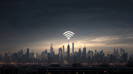 An atmospheric urban skyline at dusk features silhouetted skyscrapers and a prominent Wi-Fi symbol, symbolizing connectivity in modern city life.の素材