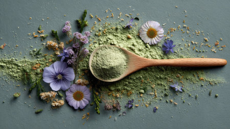Explore this captivating composition of green powder, fresh flowers, and herbs showcasing natural beauty on a soft gray backdrop. Perfect for wellness themes.の素材