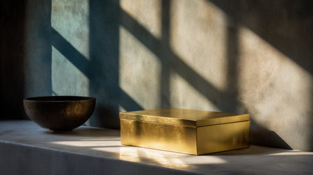 A beautifully arranged scene featuring a gold box and a dark bowl, illuminated by soft sunlight that creates intricate shadows on a textured surface.の素材