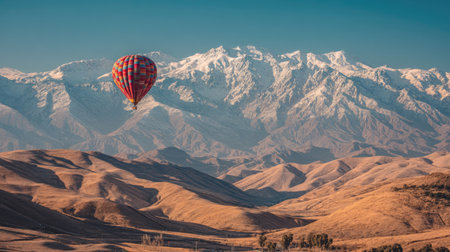 A vibrant hot air balloon hovers gracefully above breathtaking snow-capped mountains, creating a sense of adventure and tranquility in a stunning natural landscape.の素材