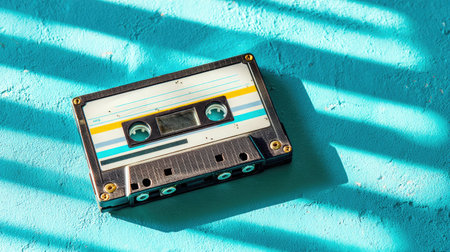 This image features a vintage cassette tape resting on a colorful surface, creating a nostalgic vibe with interesting shadows that enhance its retro appeal.の素材