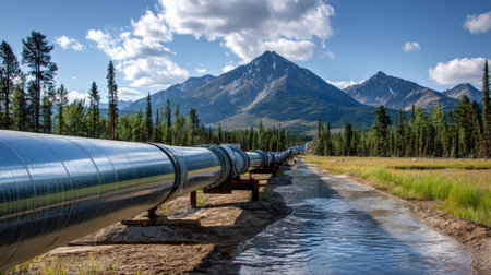 A striking view of a large industrial pipeline winding through a serene Rocky Mountain landscape, surrounded by lush forests and a clear blue sky.の素材