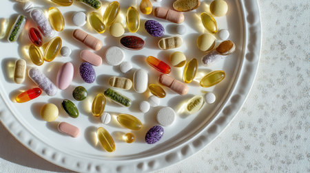 A vibrant assortment of vitamins and supplements displayed on a white plate. This visually appealing image captures the diversity of dietary options for enhancing health and wellness.の素材