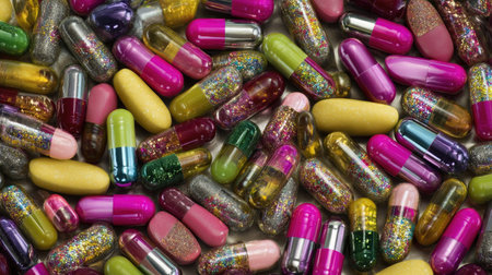 This image showcases a vibrant mix of capsules and pills in various colors and shapes, highlighting their intricate textures and details, perfect for health and wellness themes.の素材