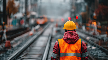 A construction worker in a safety vest and helmet stands on railway tracks overseeing the urban landscape. The scene captures a moment of focus amidst fog and industry.の素材