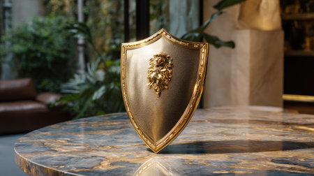 A striking golden lion shield stands proudly on a marble table, showcasing intricate craftsmanship in an elegant interior. Ideal for luxury themes.の素材
