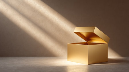 A golden open box radiates warmth under soft light rays in a minimalist setting, creating a serene and elegant ambiance perfect for artistic and design themes.の素材
